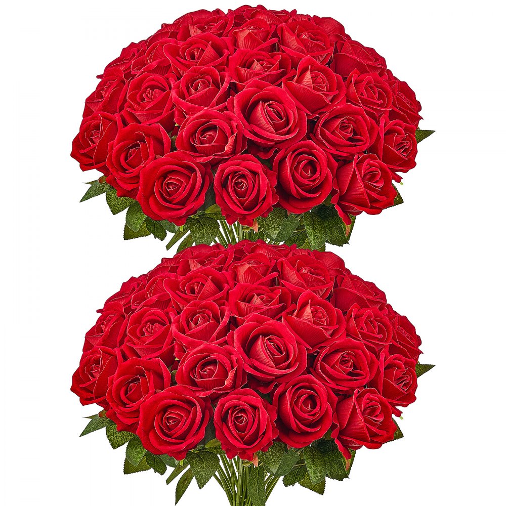 VEVOR Artificial Flowers, 60 pcs Real Looking Red Foam Fake Roses Bulk, Faux Red Bridal Shower with Stems for DIY
