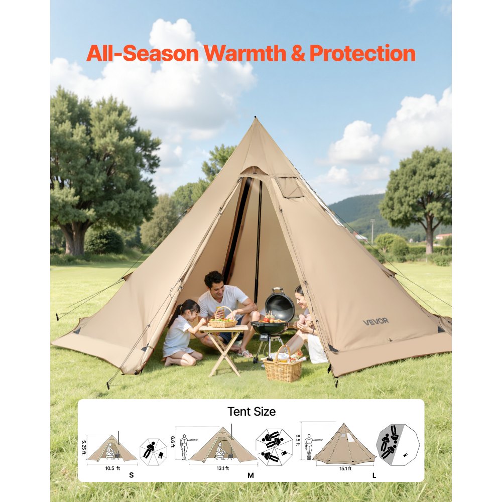 VEVOR Hot Tent for 4-6 Persons, Portable Winter Tipi Tent with Stove Jack, Waterproof Canvas Camping Tents, Lightweight