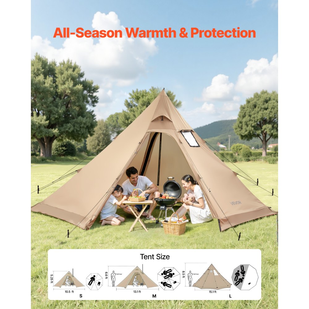 VEVOR Hot Tent for 4 Persons, Portable Winter Tipi Tent with Stove Jack, Waterproof Camping Tents, Lightweight 4 Season