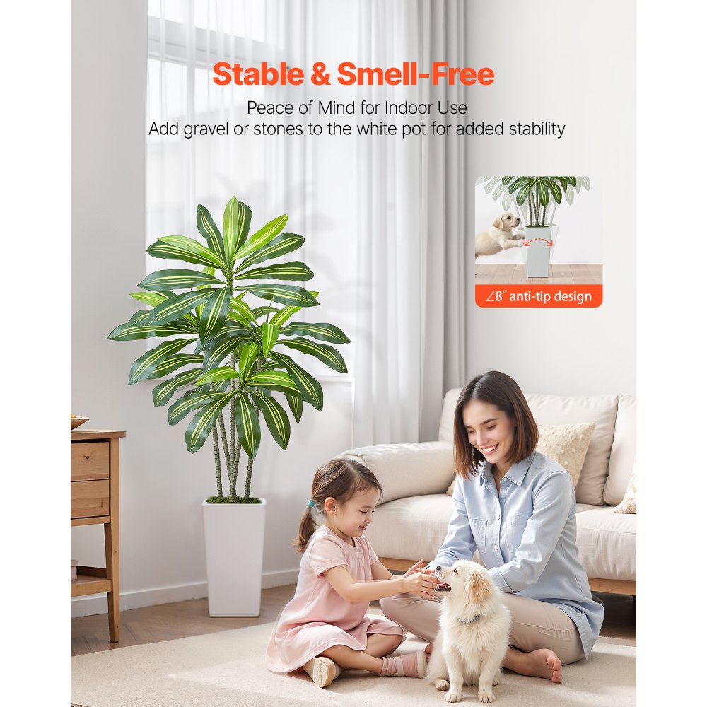 VEVOR Artificial Dracaena Tree 5 ft, Fake Palm Tropical Plants with White Tall Planter, Faux Floor Silk Plant in Pot