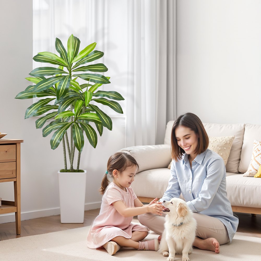 VEVOR Artificial Dracaena Tree 5 ft, Fake Palm Tropical Plants with White Tall Planter, Faux Floor Silk Plant in Pot