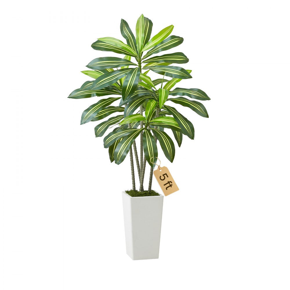 VEVOR Artificial Dracaena Tree 5 ft, Fake Palm Tropical Plants with White Tall Planter, Faux Floor Silk Plant in Pot