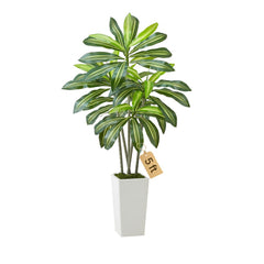 VEVOR Artificial Dracaena Tree 5 ft, Fake Palm Tropical Plants with White Tall Planter, Faux Floor Silk Plant in Pot