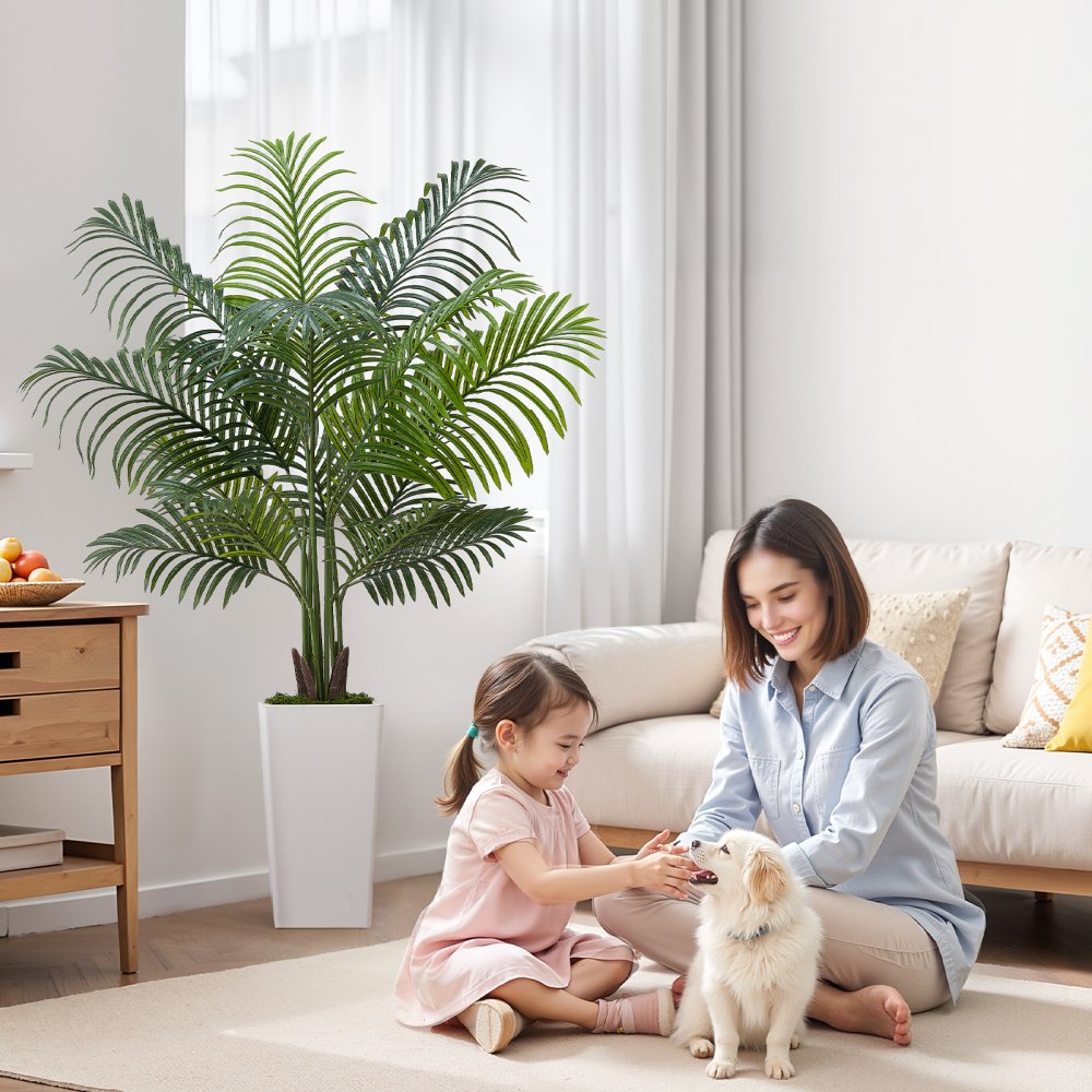 VEVOR Artificial Areca Palm Tree 5 ft, Fake Palm Tropical Plants with White Tall Planter, Faux Floor Silk Plant in Pot