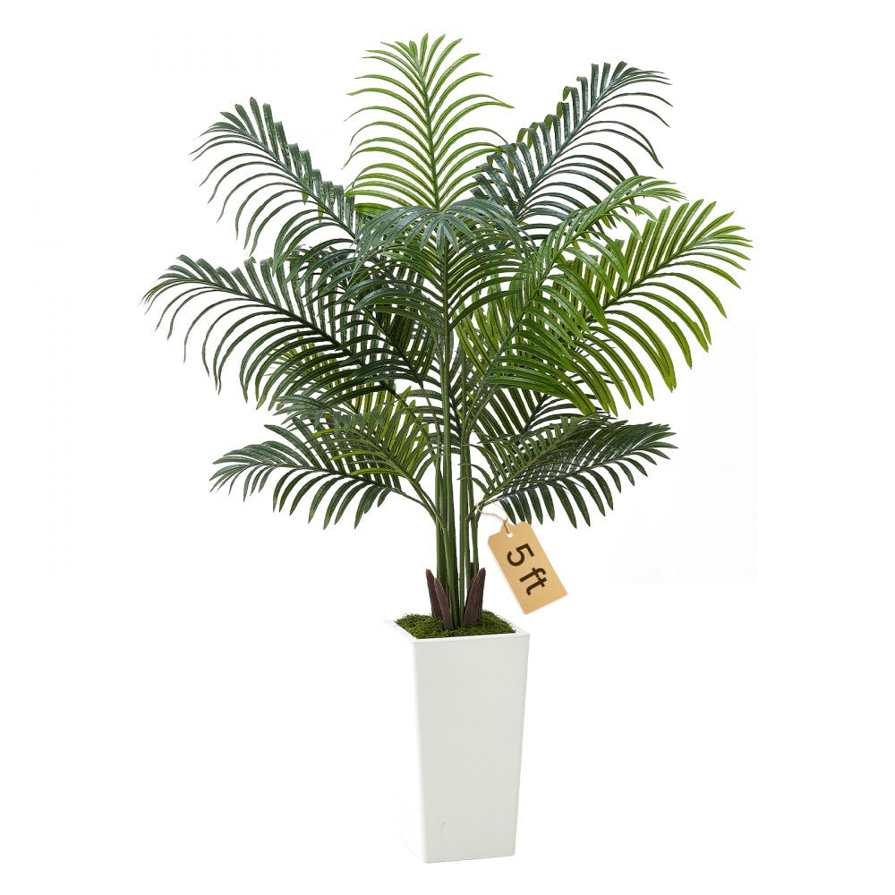 VEVOR Artificial Areca Palm Tree 5 ft, Fake Palm Tropical Plants with White Tall Planter, Faux Floor Silk Plant in Pot