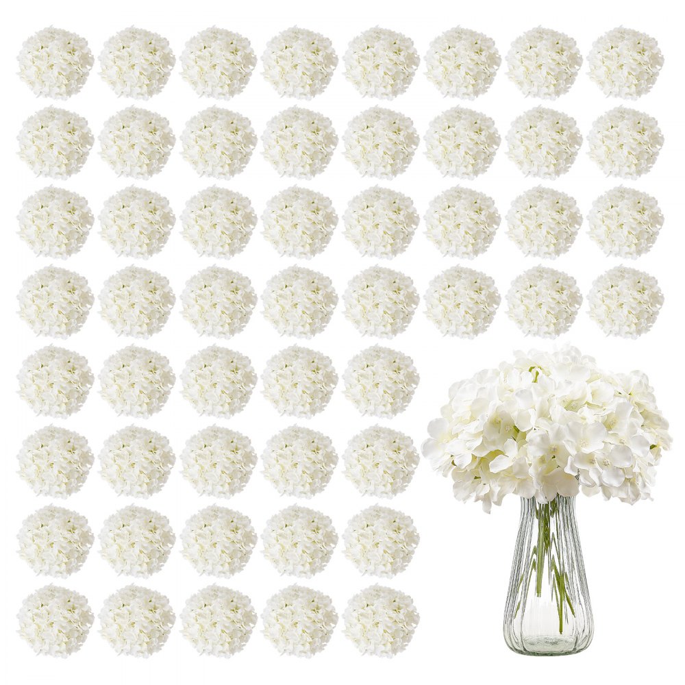 VEVOR Artificial Flowers, 65 pcs Real Looking White Silk Fake Hydrangea Bulk, White Faux Bridal Shower with Stems for
