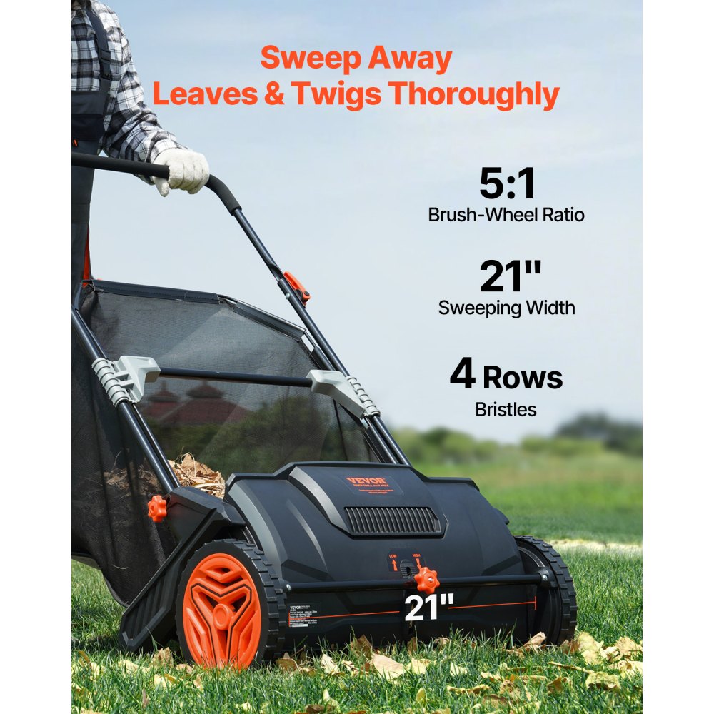 VEVOR Push Lawn Sweeper, 21inch Leaf & Grass Collector, Strong Plastic Wheels & Heavy Duty Thickened Steel Durable to
