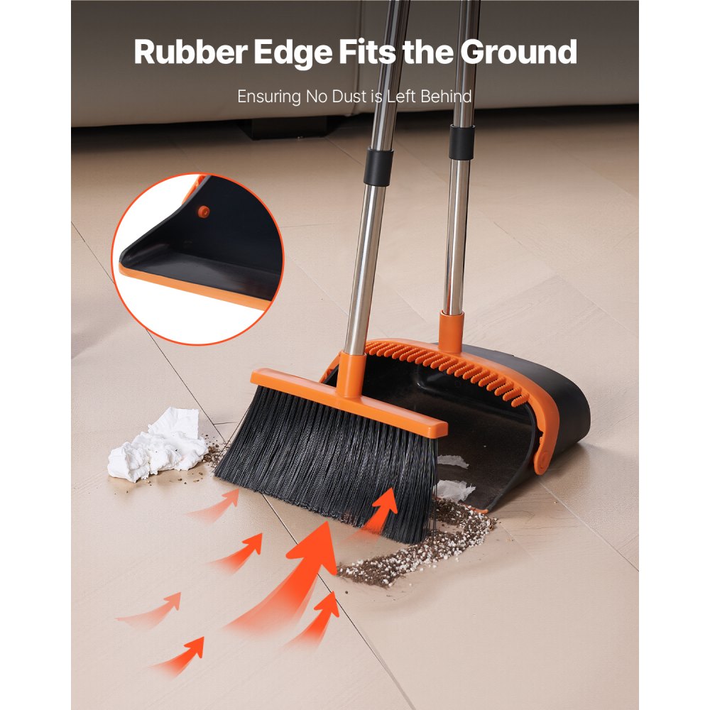 VEVOR Broom and Dustpan Set, Heavy Duty Dustpan and Broom Combo with Self-Cleaning Teeth, Metal Upright Standing Dust