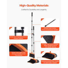 VEVOR Broom and Dustpan Set, Heavy Duty Dustpan and Broom Combo with Self-Cleaning Teeth, Metal Upright Standing Dust