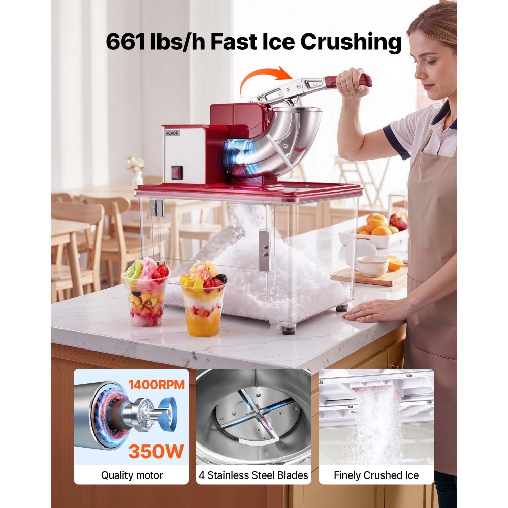 VEVOR Commercial Ice Crusher 661LBS/H, 350W Electric Snow Cone Machine with 4 Blades, 2000RPM Stainless Steel Shaved