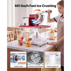 VEVOR Commercial Ice Crusher 661LBS/H, 350W Electric Snow Cone Machine with 4 Blades, 2000RPM Stainless Steel Shaved