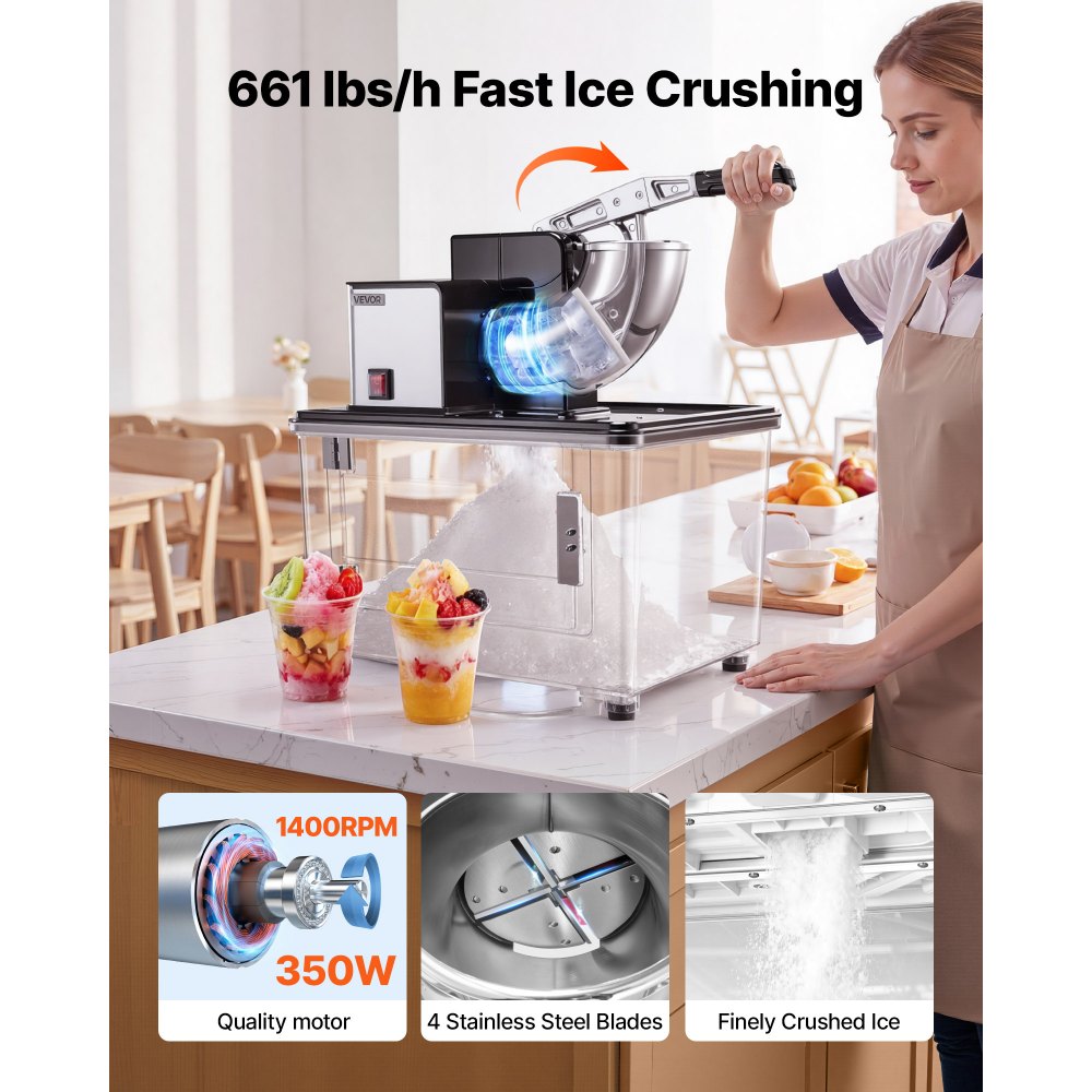 VEVOR Commercial Ice Crusher 661LBS/H, 350W Electric Snow Cone Machine with 4 Blades, 2000RPM Stainless Steel Shaved