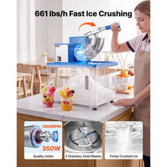 VEVOR Commercial Ice Crusher 661LBS/H, 350W Electric Snow Cone Machine with 4 Blades, 2000RPM Stainless Steel Shaved