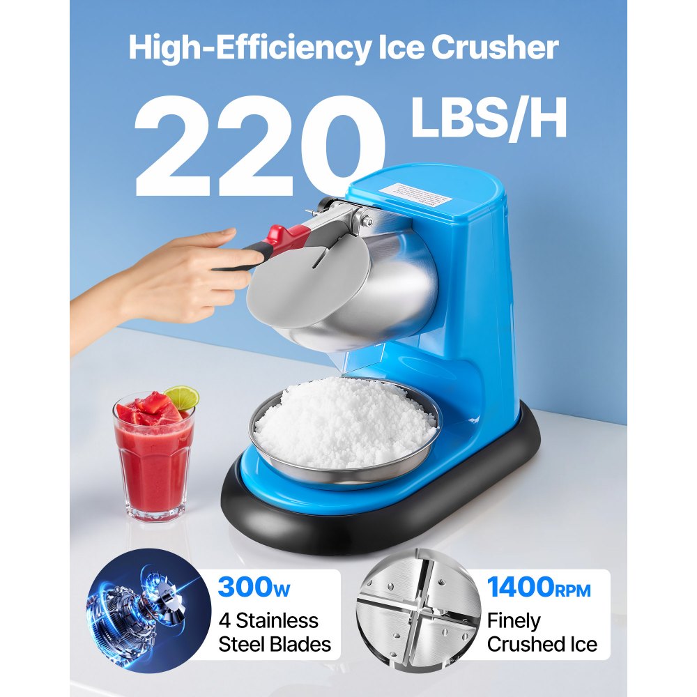 VEVOR Ice Crusher Machine, 220lbs Per Hour Electric 4 Blades Snow Cone Maker, Stainless Steel Shaved Ice Machine with