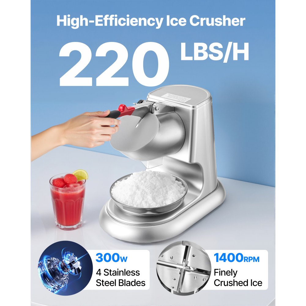 VEVOR Ice Crusher Machine, 220lbs Per Hour Electric 4 Blades Snow Cone Maker, Stainless Steel Shaved Ice Machine with