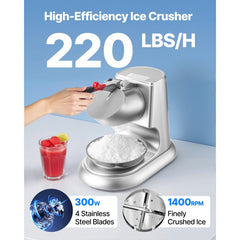 VEVOR Ice Crusher Machine, 220lbs Per Hour Electric 4 Blades Snow Cone Maker, Stainless Steel Shaved Ice Machine with