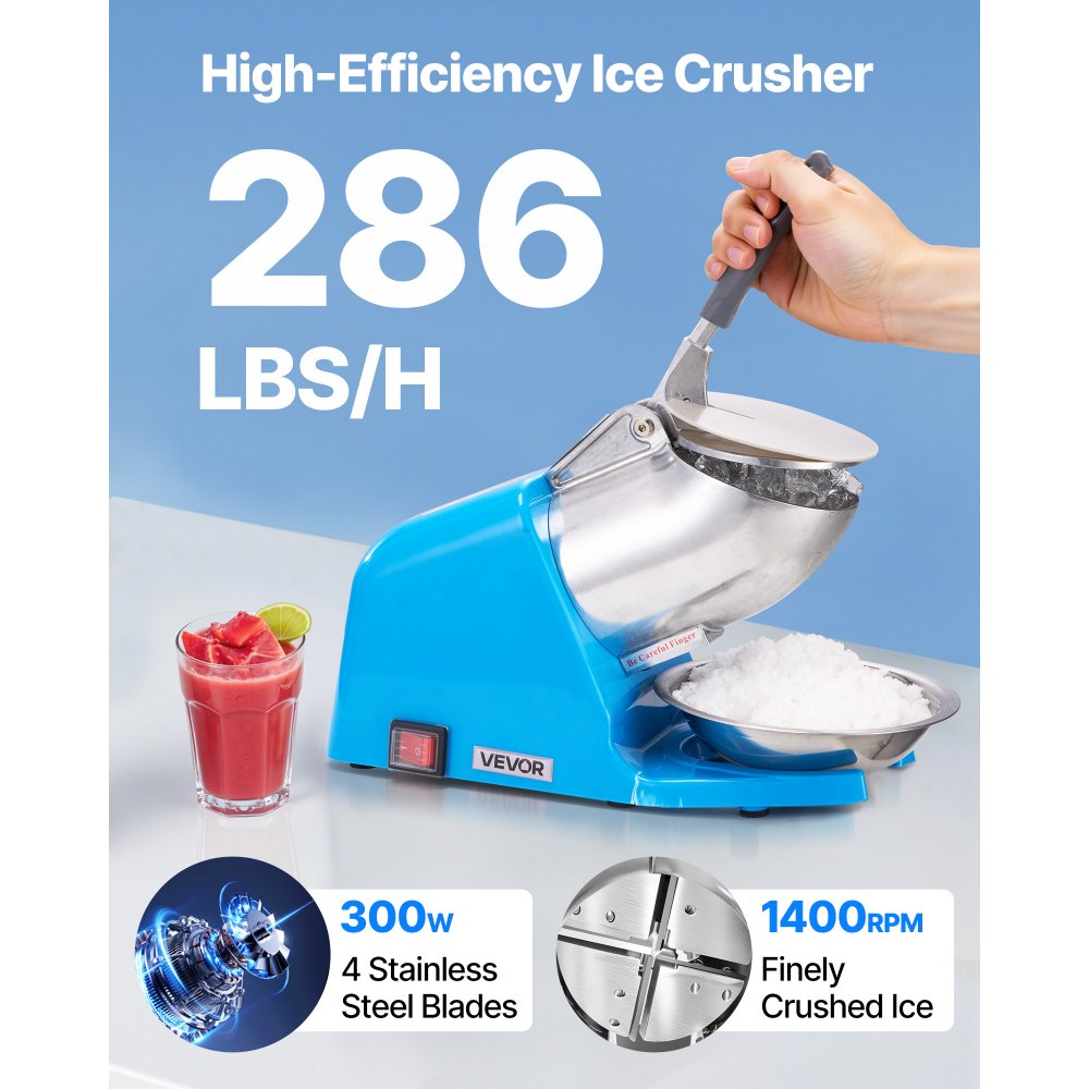 VEVOR Ice Crusher Machine, 286lbs Per Hour Electric 4 Blades Snow Cone Maker, Stainless Steel Shaved Ice Machine with