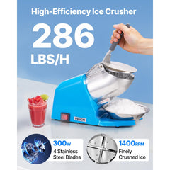 VEVOR Ice Crusher Machine, 286lbs Per Hour Electric 4 Blades Snow Cone Maker, Stainless Steel Shaved Ice Machine with