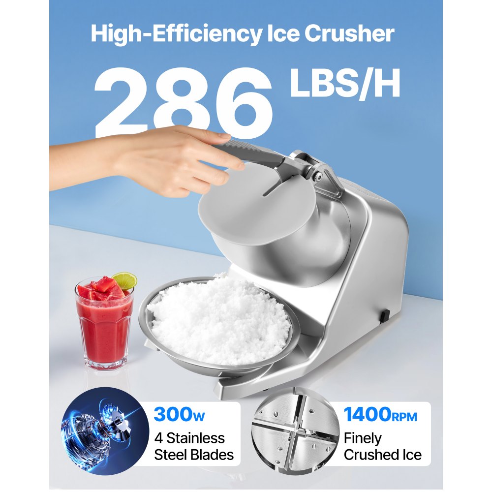 VEVOR Ice Crusher Machine, 286lbs Per Hour Electric 4 Blades Snow Cone Maker, Stainless Steel Shaved Ice Machine with