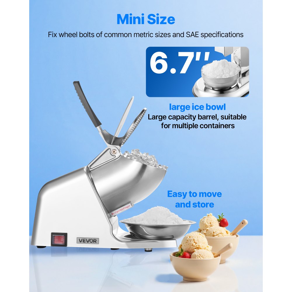 VEVOR Ice Crusher Machine, 286lbs Per Hour Electric 4 Blades Snow Cone Maker, Stainless Steel Shaved Ice Machine with