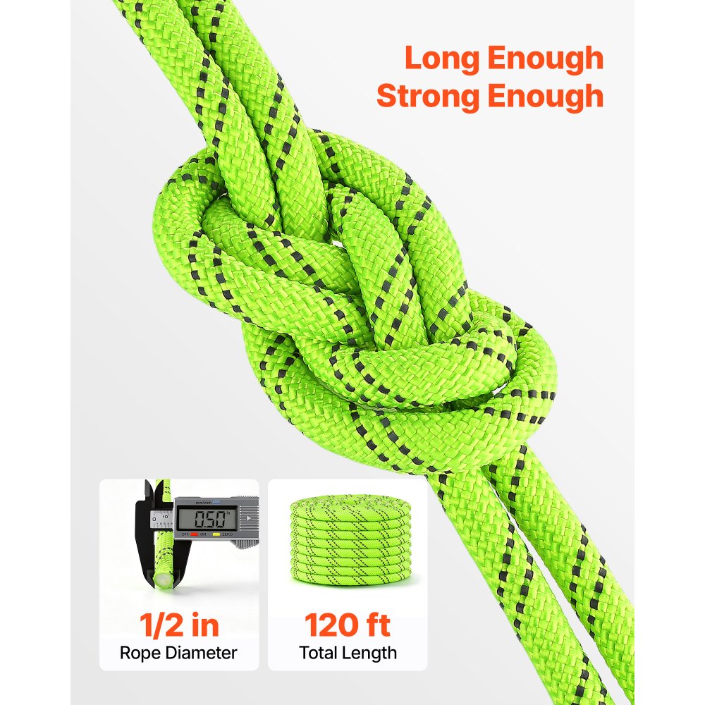 VEVOR Double Braided Polyester Rope 1/2 in x 120 ft Arborist Rigging Rope, for Tree Work, Heavy Duty 11 Strands, 3700