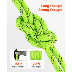 VEVOR Double Braided Polyester Rope 1/2 in x 120 ft Arborist Rigging Rope, for Tree Work, Heavy Duty 11 Strands, 3700