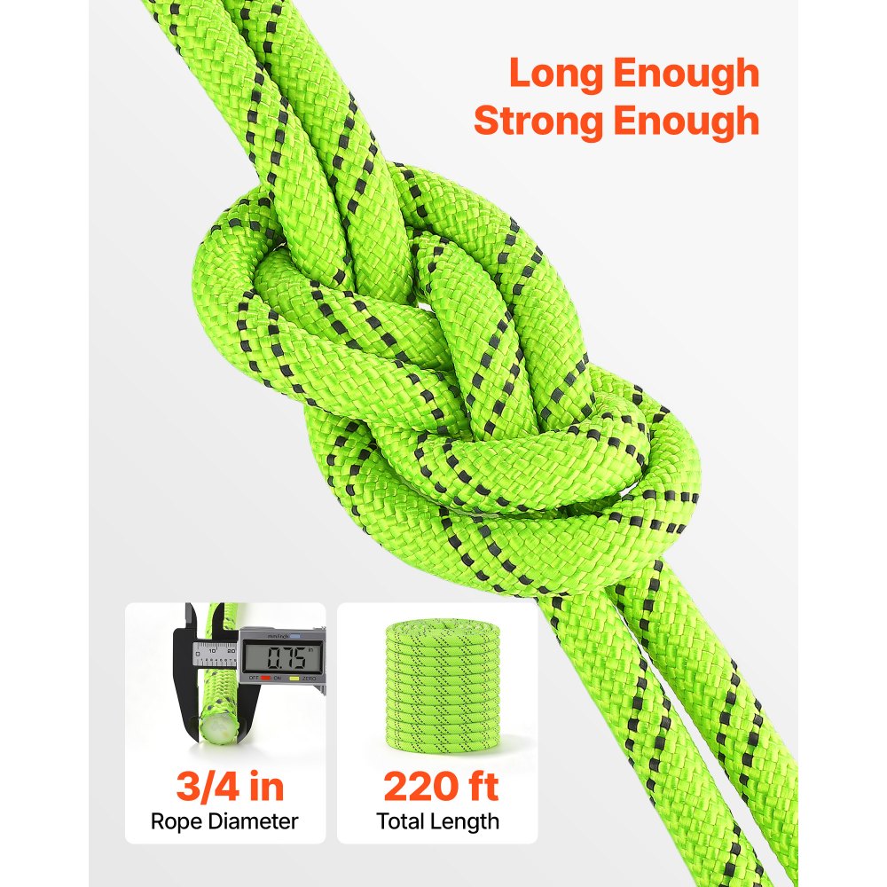 VEVOR Double Braided Polyester Rope 3/4 in x 220 ft Arborist Rigging Rope, for Tree Work, Heavy Duty 26 Strands, 19400