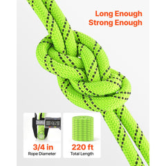 VEVOR Double Braided Polyester Rope 3/4 in x 220 ft Arborist Rigging Rope, for Tree Work, Heavy Duty 26 Strands, 19400