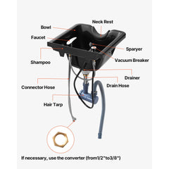 VEVOR Shampoo Bowl, ABS Plastic Shampoo Sink for Salons and Home, Easy to Clean and Install Salon Shampoo Bowls for