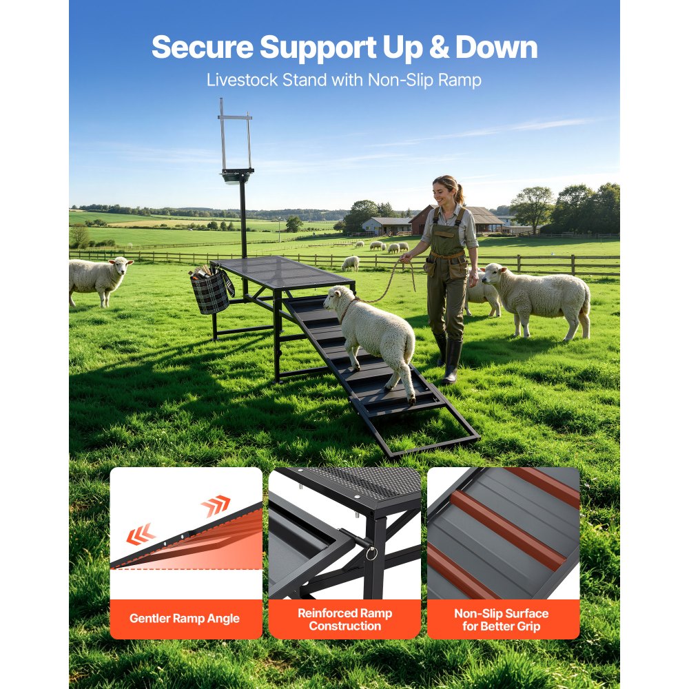 VEVOR Goat Milking Stand, 600 lbs Heavy Duty Goat Stand with Ramp & Feed Bin, Adjustable Headpiece & Tool Basket