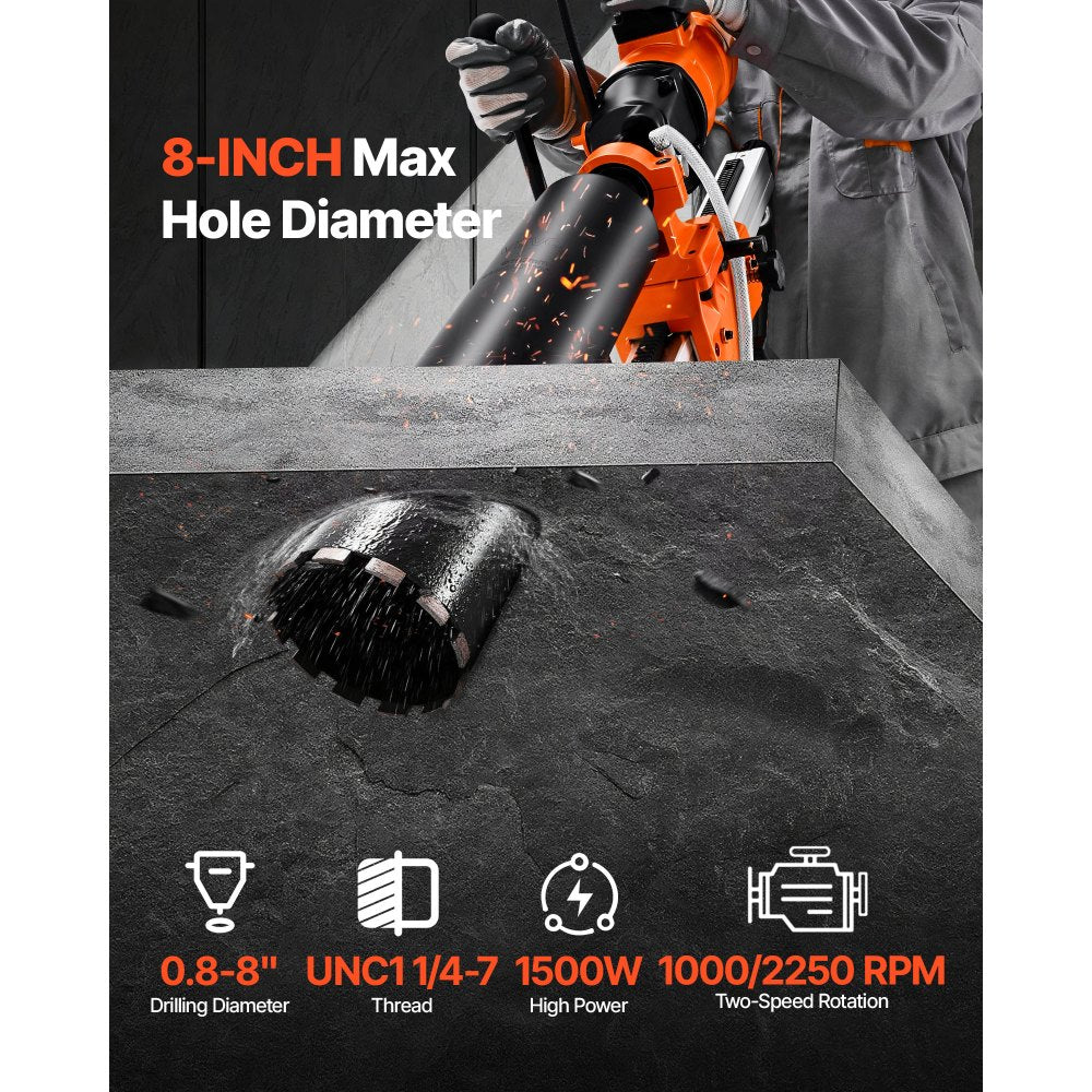 VEVOR Diamond Core Drilling Machine, 8 in Drilling Diameter, 2-in-1 Handheld & Stand-Mount Dry and Wet Concrete Core