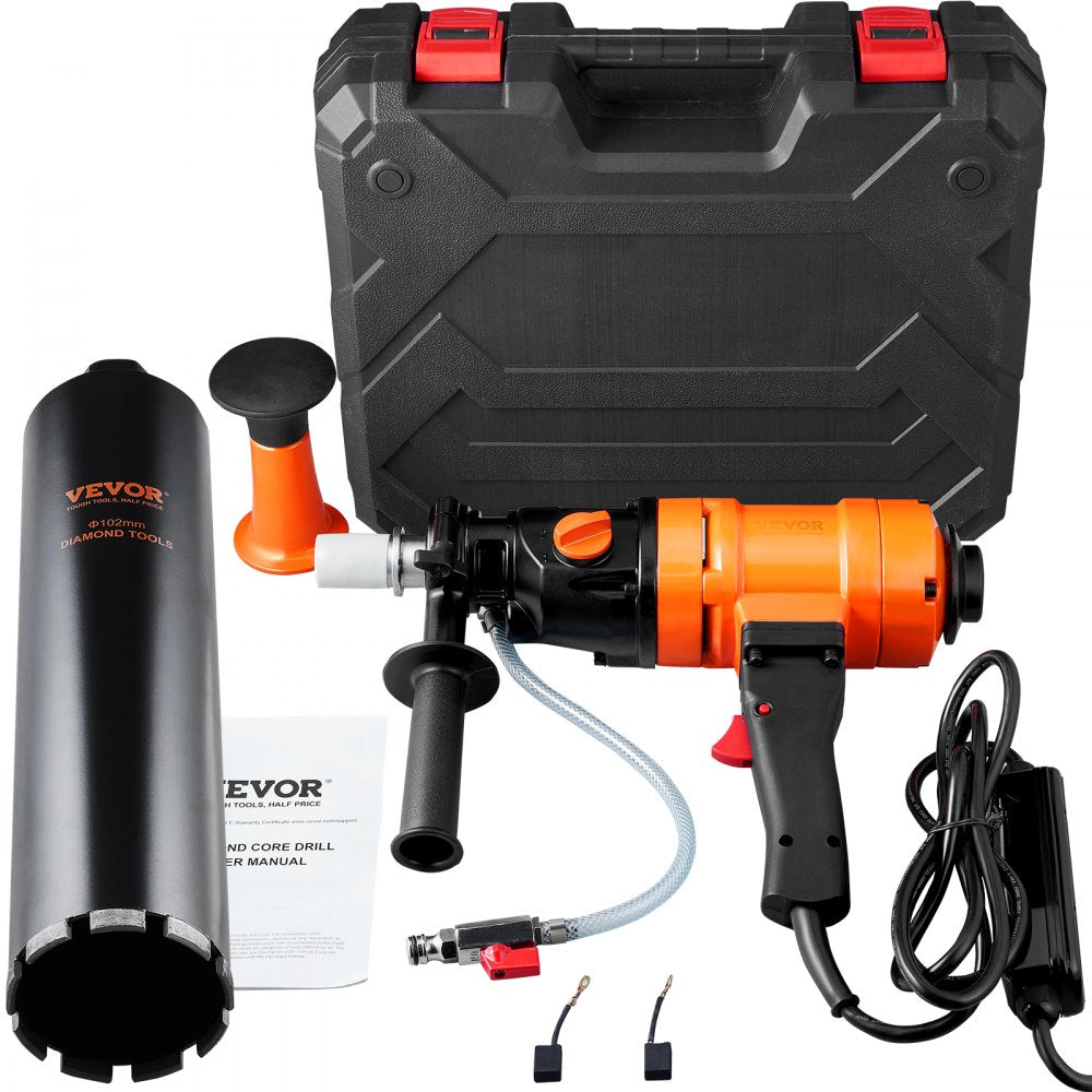 VEVOR Diamond Core Drilling Machine, 4in Handheld Wet Concrete Core Drill Rig, 1100-2400RPM Two Speed & 1-1/4" Thread &