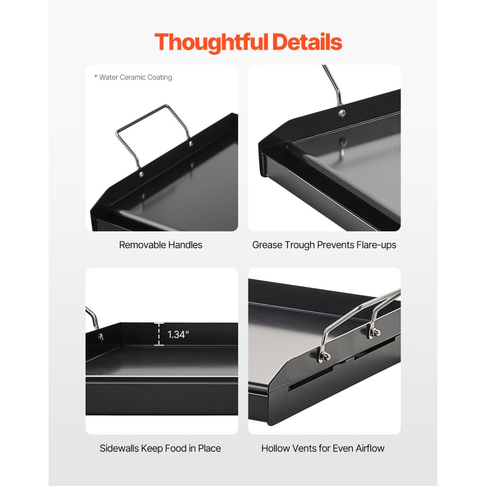 VEVOR Carbon Steel Griddle, 24x16 inch Universal Flat Top Rectangular Plate, Gas Grill Griddle for BBQ Grill