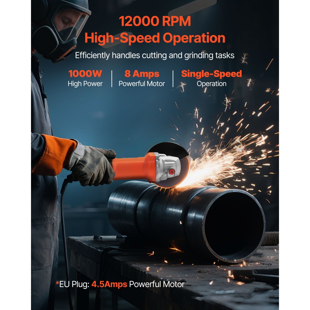 VEVOR Angle Grinder, 4-1/2" Electric Grinder Power Tool, 8Amps 12000RPM High-Speed Corded Angle Grinders with 230°