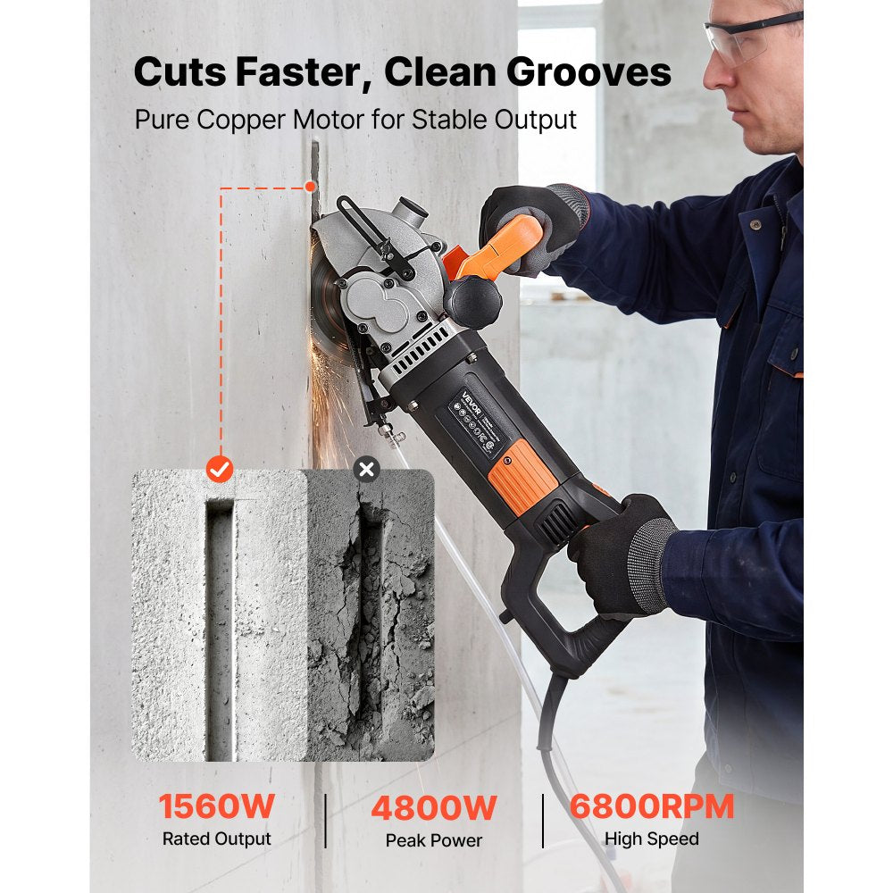 VEVOR Wall Chaser, 4800W Electric Wall Groove Cutting Machine, 6800 RPM Max Speed, Concrete Slotting Cutter with Guide