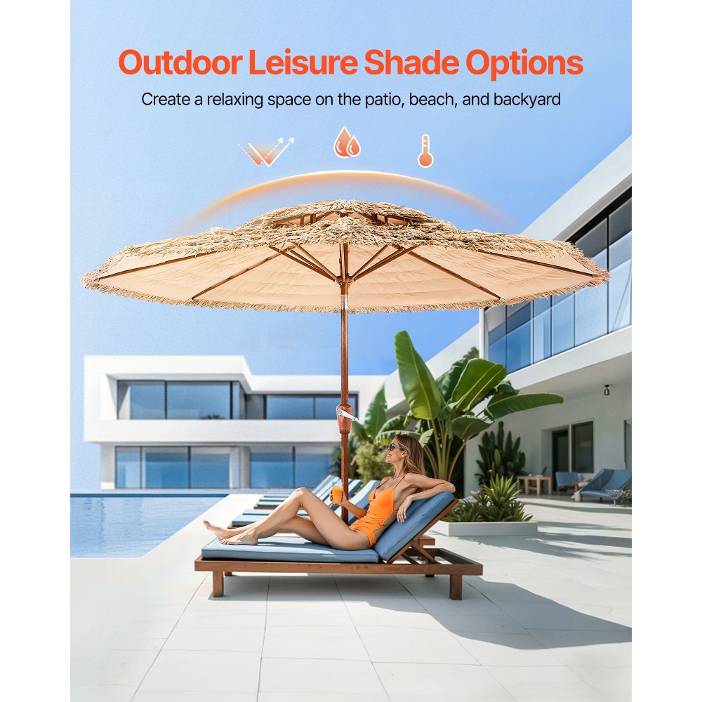 VEVOR Tiki Umbrella, 9 ft Thatched Patio Umbrella with Tilt, 2-Tier Hawaiian Style Beach Parasol with PP Thatch and 8