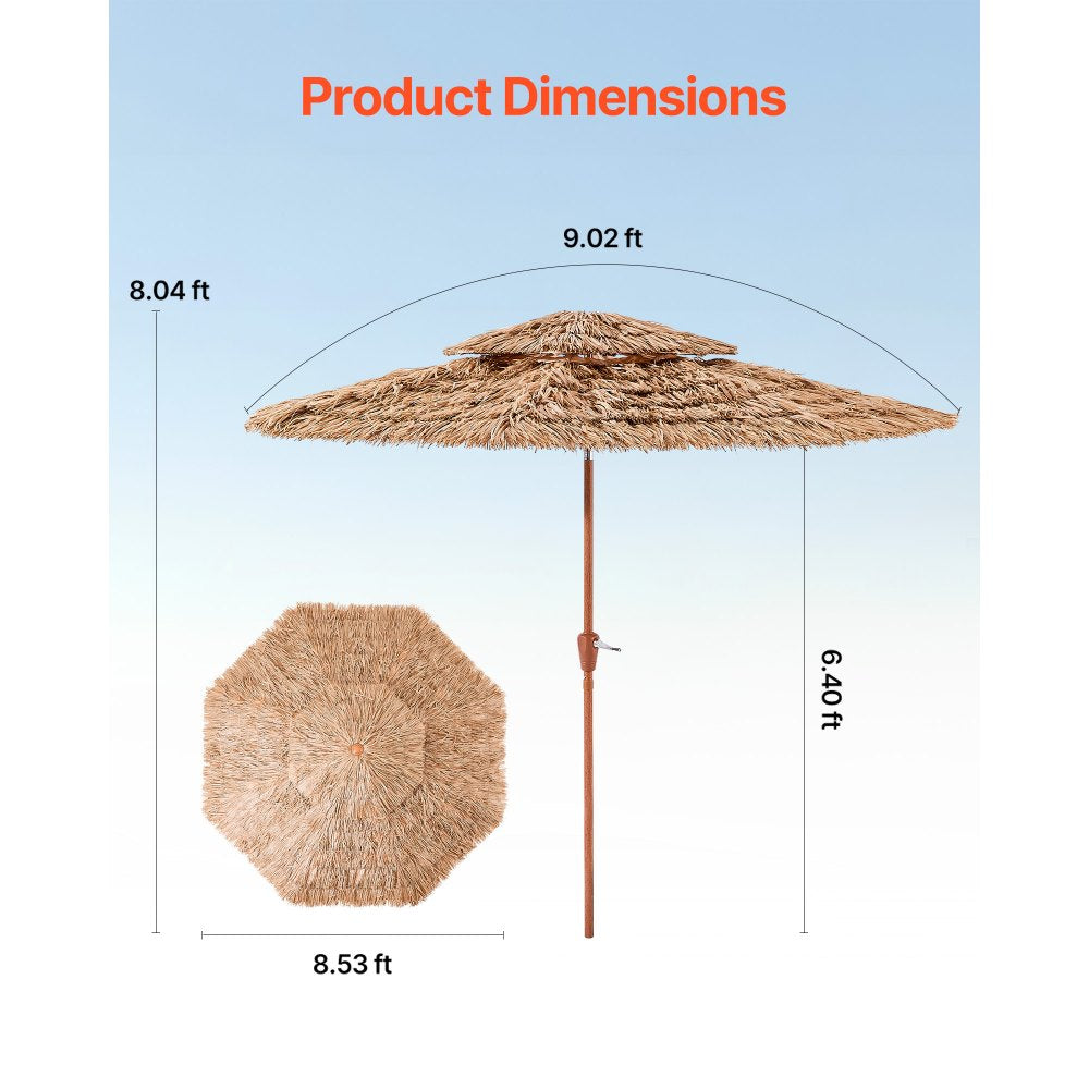 VEVOR Tiki Umbrella, 9 ft Thatched Patio Umbrella with Tilt, 2-Tier Hawaiian Style Beach Parasol with PP Thatch and 8