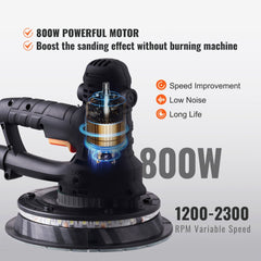 VEVOR Drywall Sander, 800W Electric Sander with 12 Sanding Discs, Variable Speed 1200-2300 RPM Wall Sander with