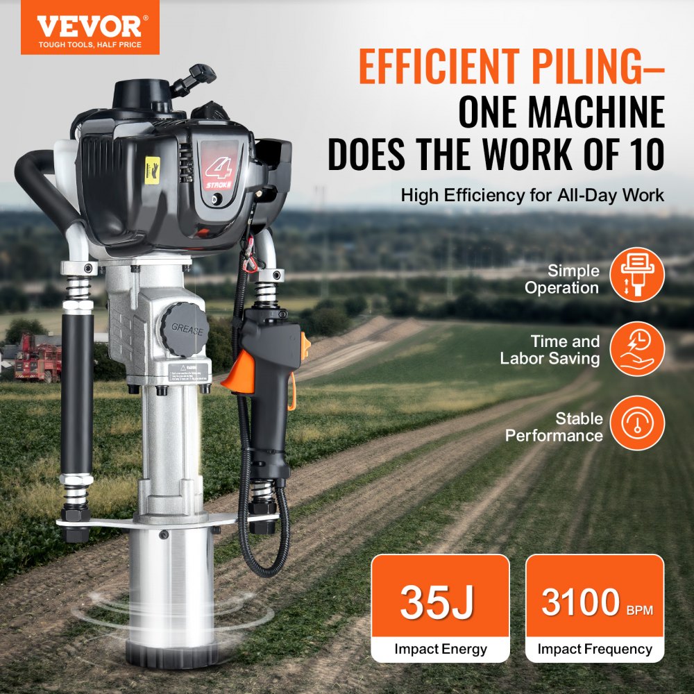 VEVOR 37.77cc Gas-Powered T Post Driver, 4-Stroke Engine Gasoline Fence Piling Pounder, with 3 Post Driving