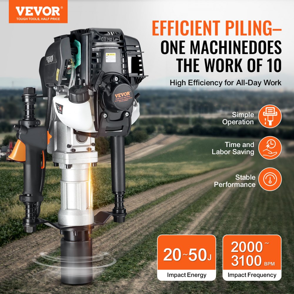 VEVOR 37.77cc Gas-Powered T Post Driver, 4-Stroke Engine Gasoline Fence Piling Pounder, with 2 Post Driving Head(55/70