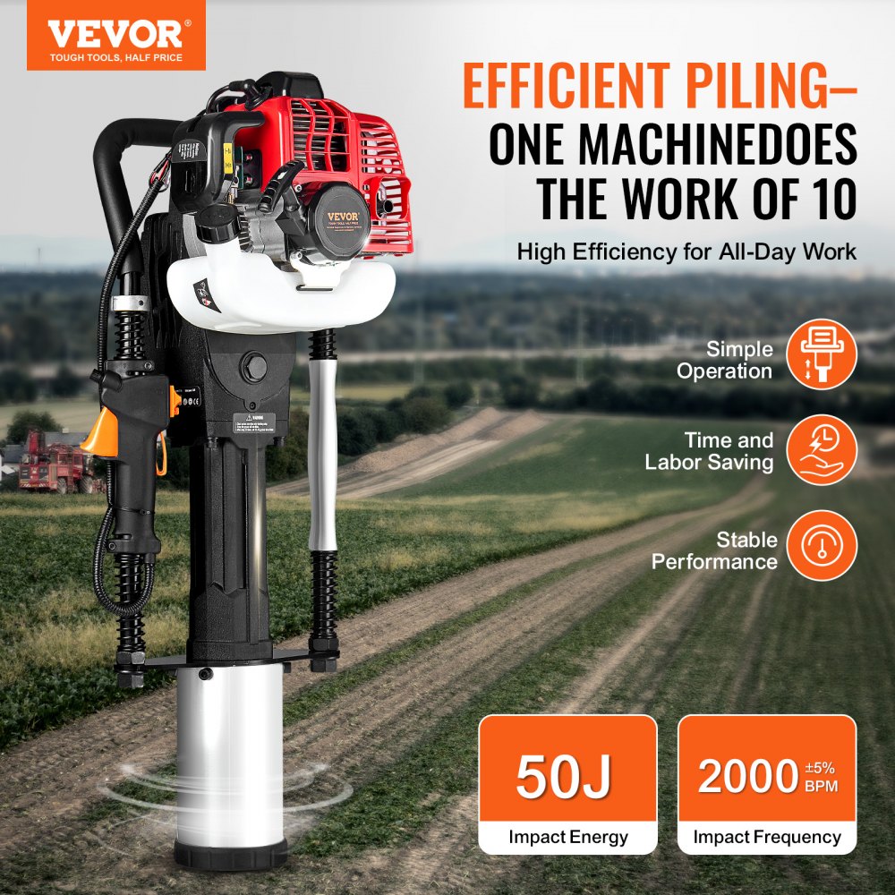 VEVOR 52cc Gas-Powered T Post Driver, 2-Stroke Engine Gasoline Fence Piling Pounder, 1300W Portable Piledriver with 3