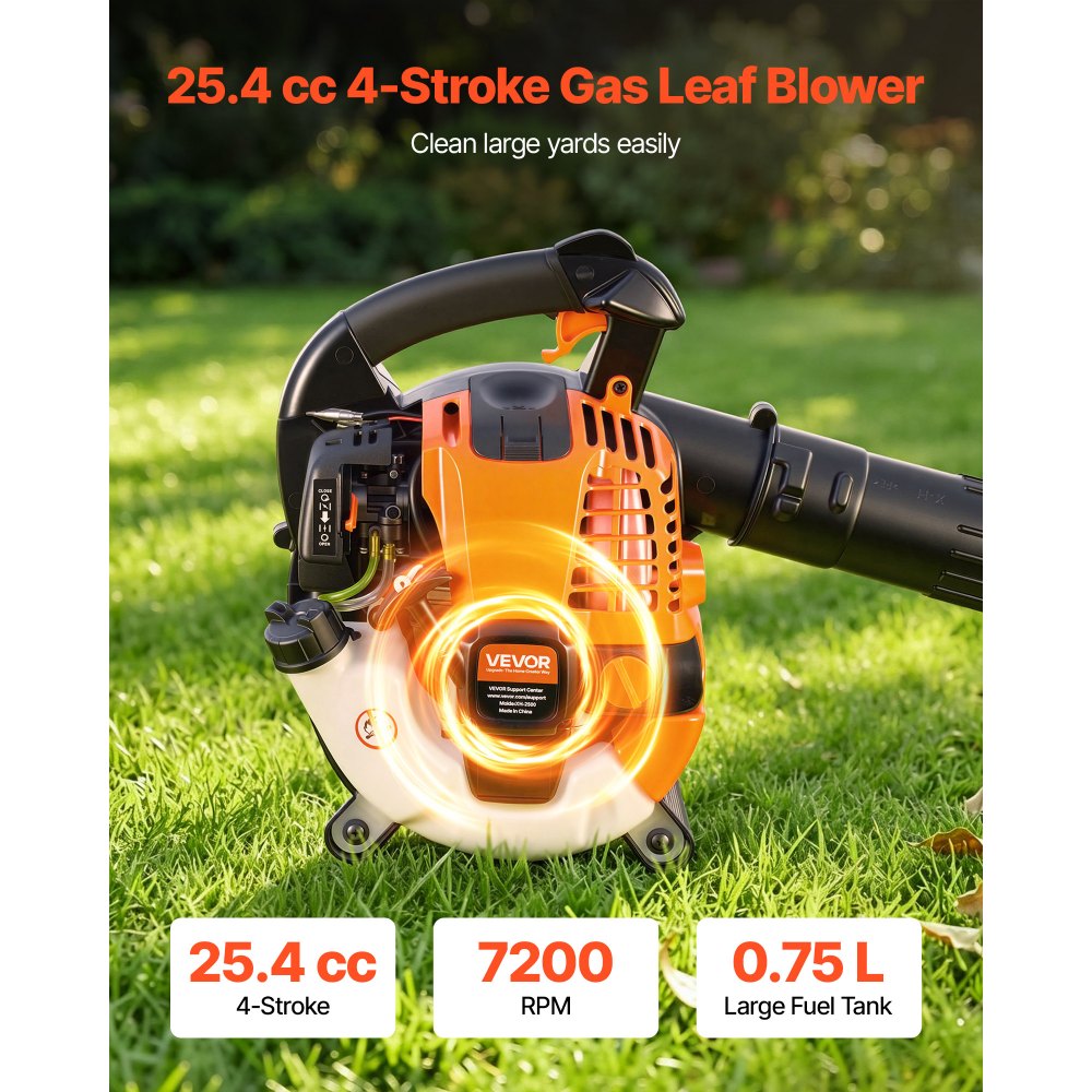 VEVOR Gas Leaf Blower, 25.4CC 4-Stroke Gas Powered Handheld Leaf Blower with 0.75L Fuel Tank, 340 CFM Air Volume, 130