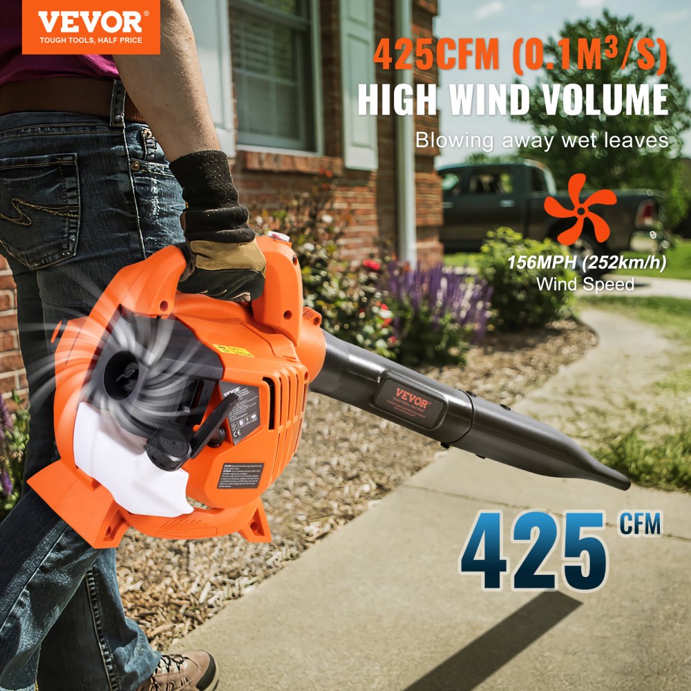 VEVOR Leaf Blower, 26CC 2-Cycle Handheld Leaf Blower with A Fuel Tank, 2-in-1 Blower 425CFM Air Volume 156MPH Speed