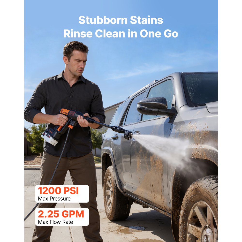 VEVOR Cordless Pressure Washer, 1200PSI MAX Portable Pressure Washer with Brushless Motor, Dual Batteries, 6-in-1