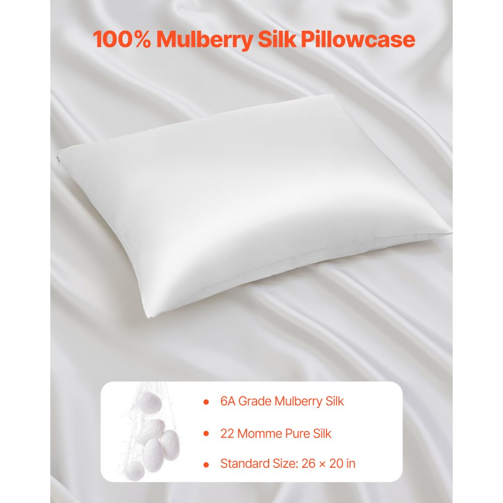 VEVOR Silk Pillowcase, 100% Pure Mulberry Silk Pillow Case, 26 in x 20 in Standard Silky Pillow Case for Hair and Skin