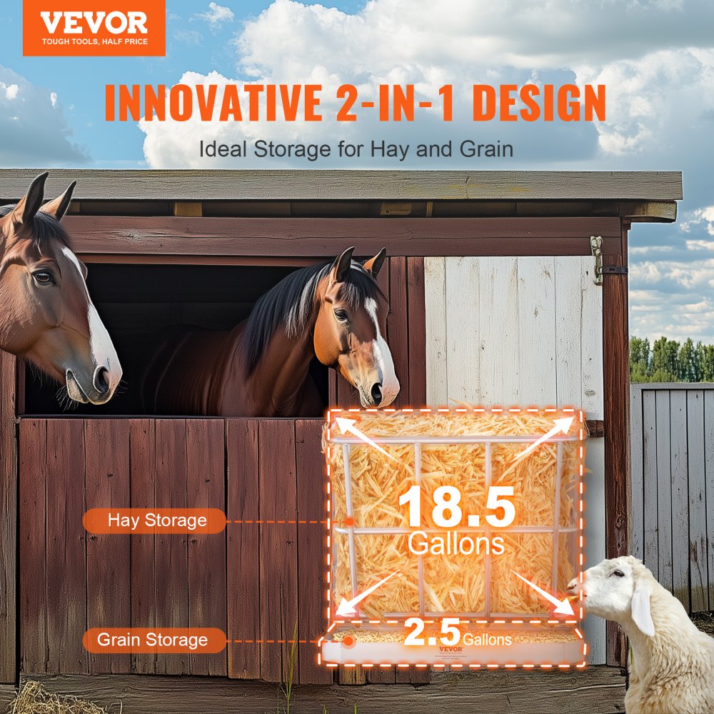VEVOR Goat Hay Feeder, 21 Gallons Large Capacity, 2 in 1 Hay and Grain Feeder, Wall Mounted Livestock Feeder with Feed