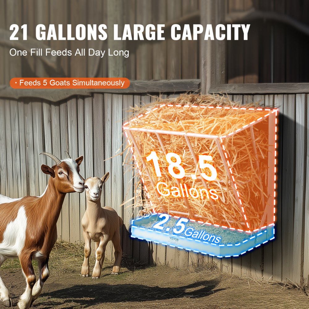 VEVOR Goat Hay Feeder, 21 Gallons Large Capacity, 2 in 1 Hay and Grain Feeder, Wall Mounted Livestock Feeder with Feed