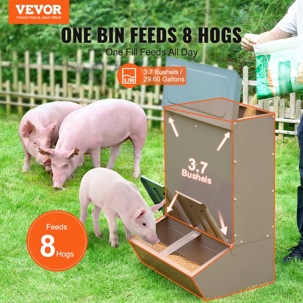 VEVOR Hog Feeder, 3.7 Bushel Capacity, Double Door Pig Feeder, Heavy Duty Steel Piglets Feeder, Multipurpose Trough