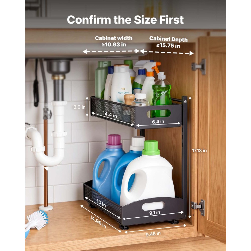 VEVOR Under Sink Organizer, 2 Pack 2-Tier Pull Out Cabinet Organizer with 4-Level Height Adjustment, Metal Slide Out