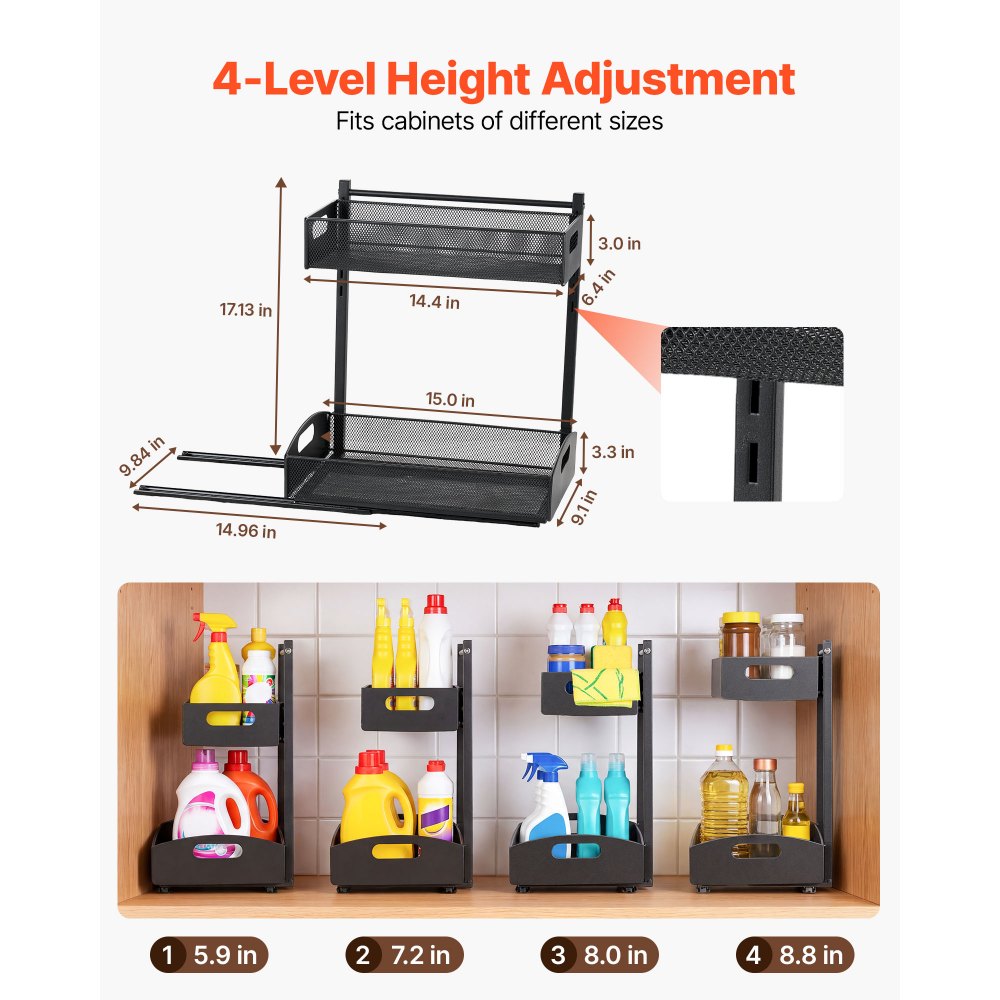 VEVOR Under Sink Organizer, 2 Pack 2-Tier Pull Out Cabinet Organizer with 4-Level Height Adjustment, Metal Slide Out